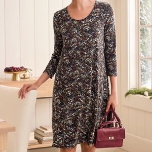 Garnet Hill Relaxed Jersey Floral Print Midi Dress 3/4 Sleeve Scoop Neck Size M